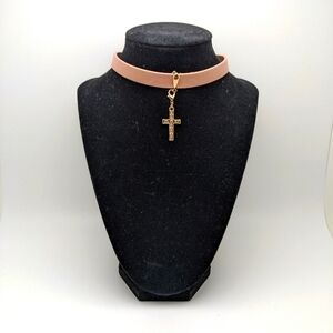 Blush Pink Vegan Leather Cross Choker Necklace